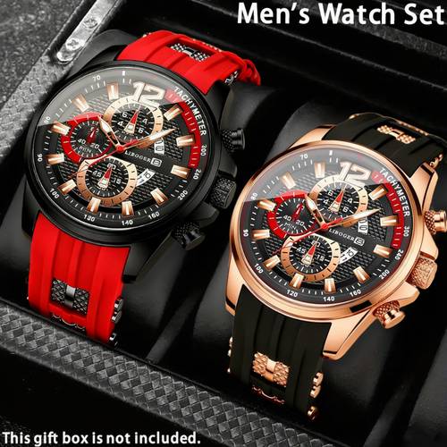 2pcs/ Set Men's Watch Sets, Fashion Casual Quartz Men's Watch, Silicone Strap, Date Display - Stylish Casual Men Watches for Men Casual Attire, Casual Wristwatch | Sporty Men Watches | Quartz Movement, Christmas The Perfect Gift, Relojs Para Hombre.