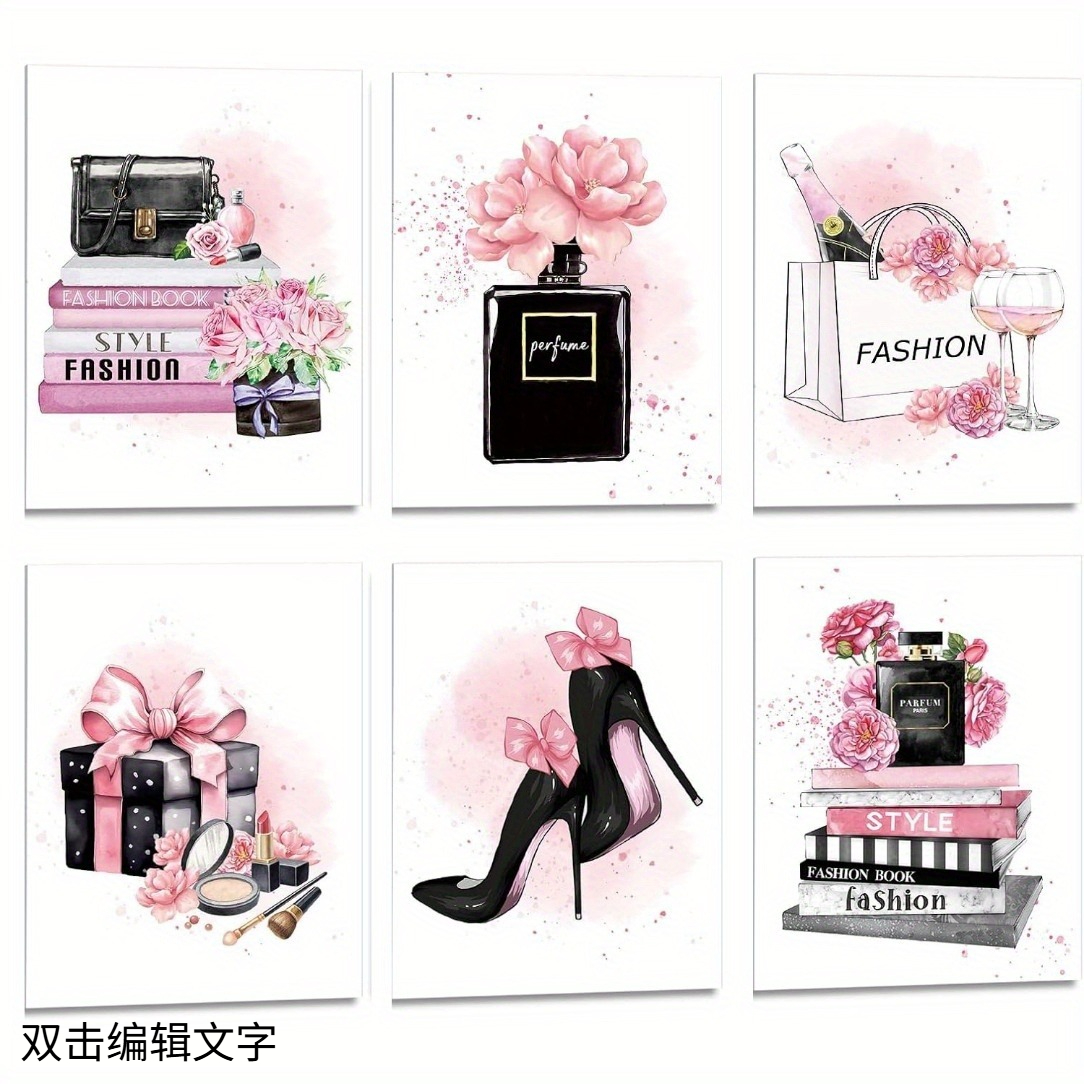 TEMU 2d Flat, 2d Flat, Set Of 6 Flat Frameless Wall Art Posters Featuring A Makeup Theme With Pink Flower And Perfume Designs, Perfect For Decorating