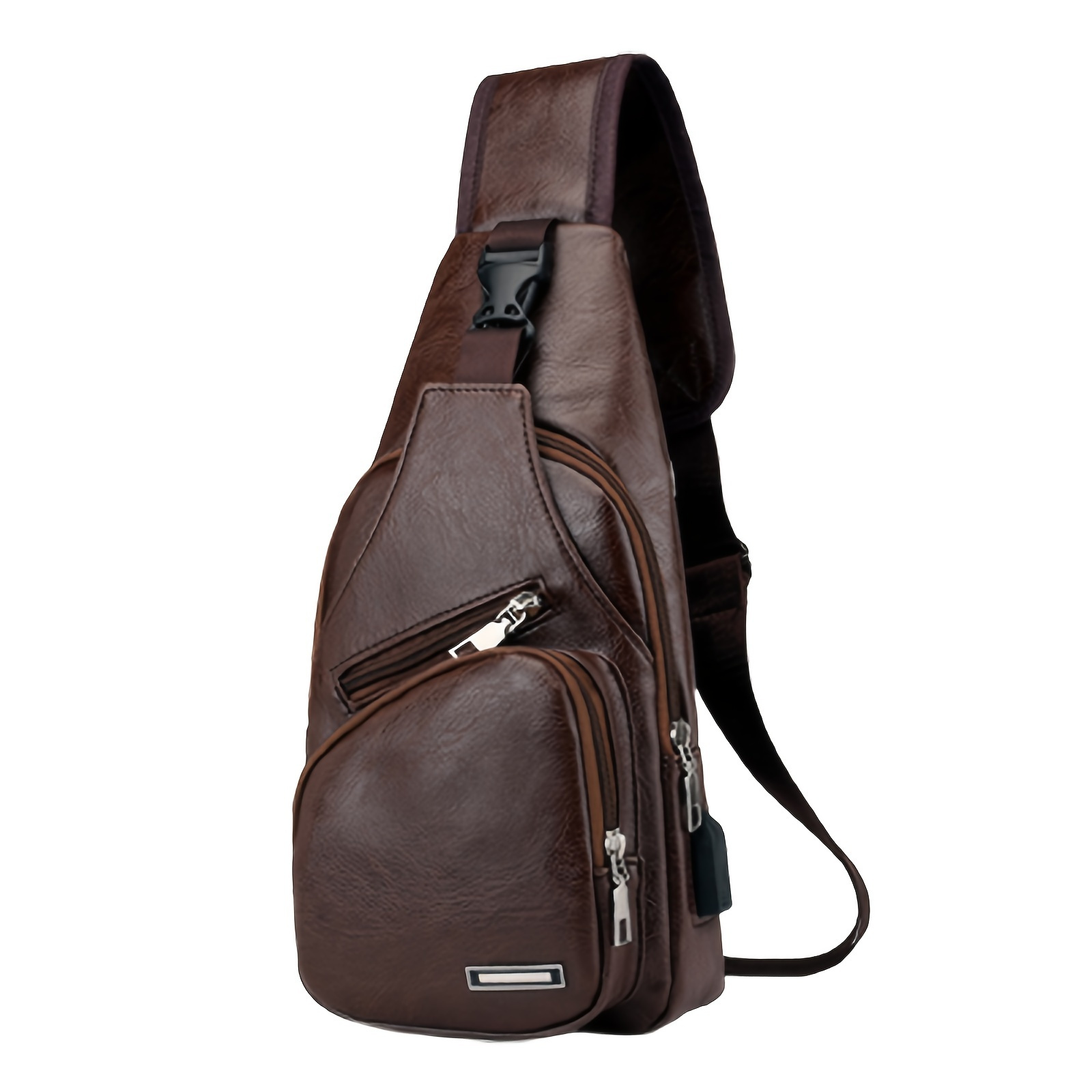 Outdoor Sport PU Chest Bag Crossbody Bag, Men's And Women's Crossbody Bag with Headphone Hole, Lightweight, Fade-resistant, Multi-layer Design, Adjustable Shoulder Strap, Zipper Closure, Polyester Lining, Suitable for Outdoor Travel, Hiking, Camping