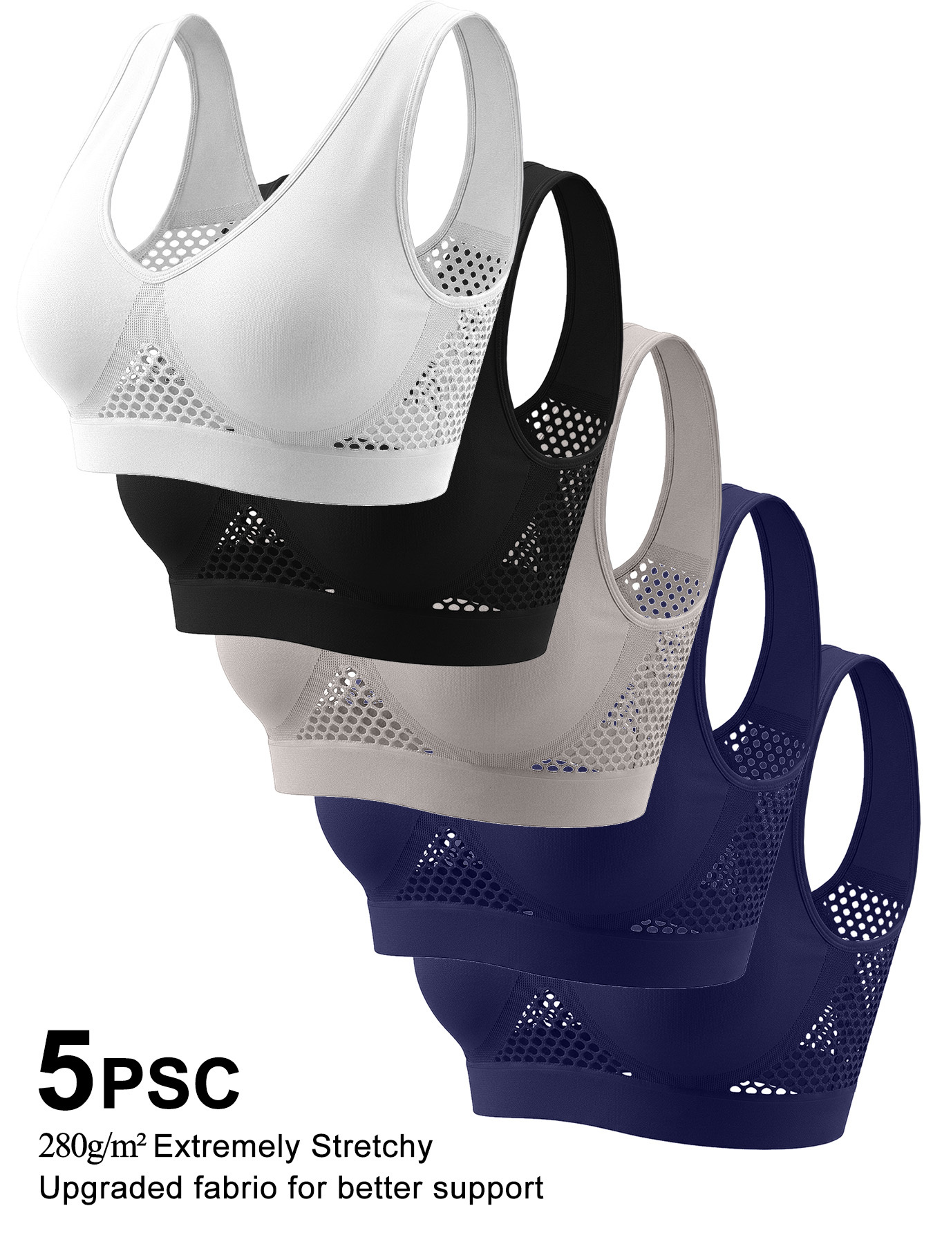 5 stück, sport-bhs für damen, stoßfest für übungen, atmungsaktive löcher, hollow mesh, verbreiterte träger, keine polsterung, u-förmiges rückendesign,   für yoga, fitness, laufen, ideal für den  ,   für alle jahreszeiten