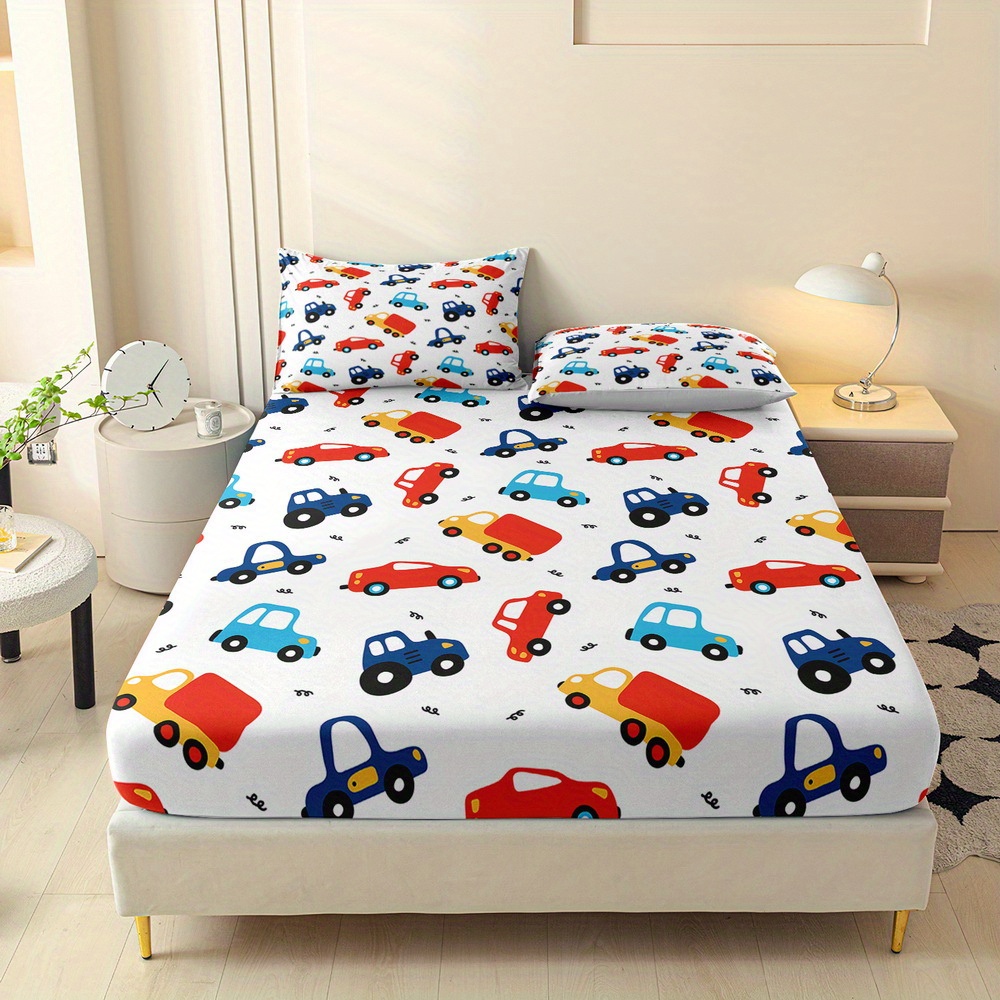 TEMU 3pcs Cartoon Car Print Fitted Sheet Set, Queen Mattress Protector, Double Bed Mattress Protector, King Bedding Kit, Polyester Machine Washable,