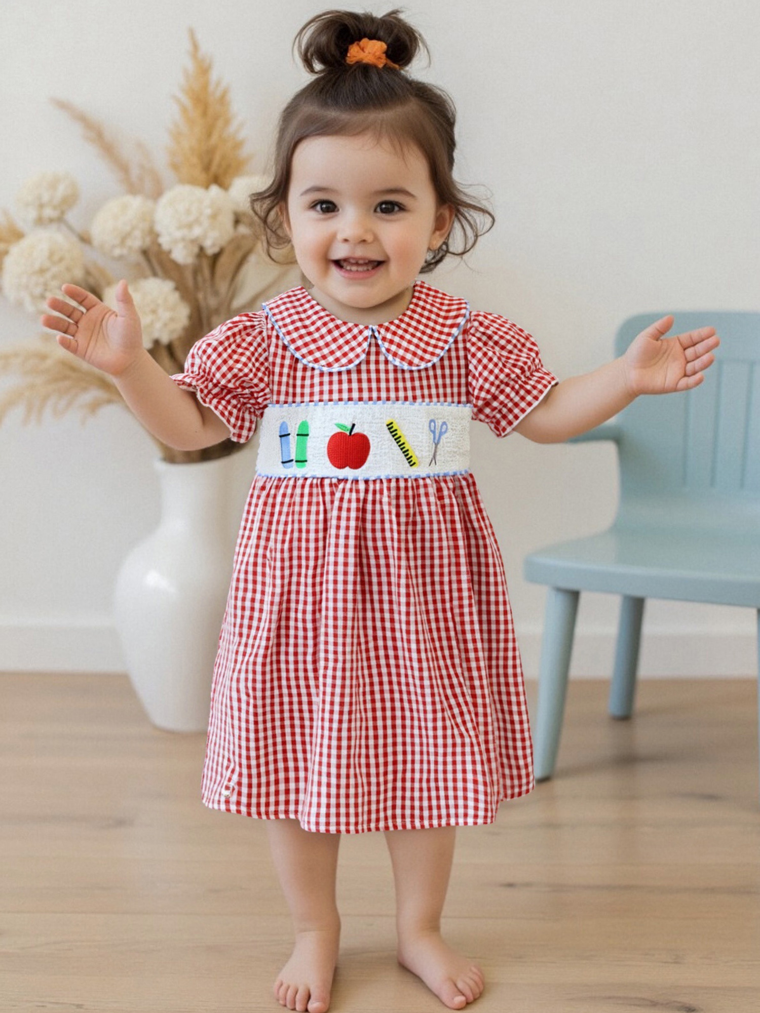 Toddler Girls' Summer Dress with Smocking, a Flowy Fit, Embroidered Plaid,  And Bubble Sleeves * Back to *