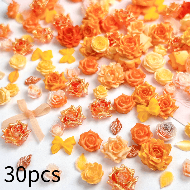 30pcs Of Fresh Orange Resin Flowers, Bows, And Leaves In Styles, Mixed For Nail Art, Bracelets, Hair Clips, And Additions