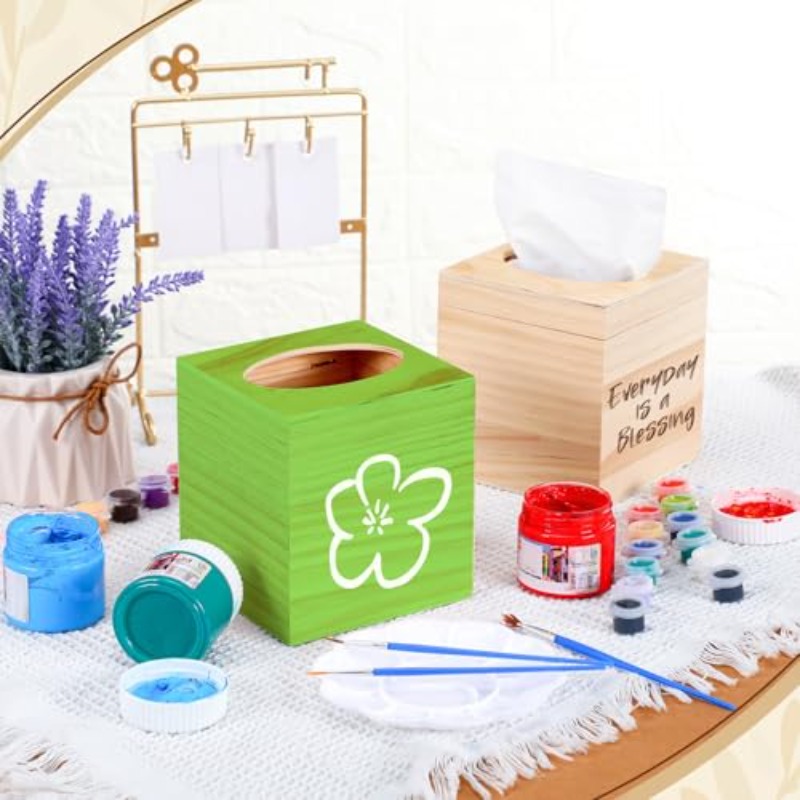 set of 6 unfinished wooden tissue box covers for diy projects featuring   design with a   opening   arts and crafts as well as home and bathroom decoration Product details 1