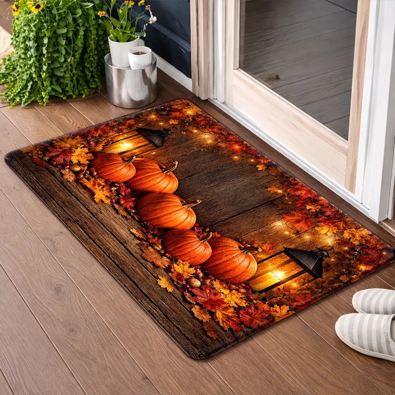 TEMU 1pc 2d Flat Printing Material Door Mat, Outdoor Courtyard Door Mat, Autumn Pumpkin Maple Leaf Floor Mat, Durable And Machine Washable, Universal