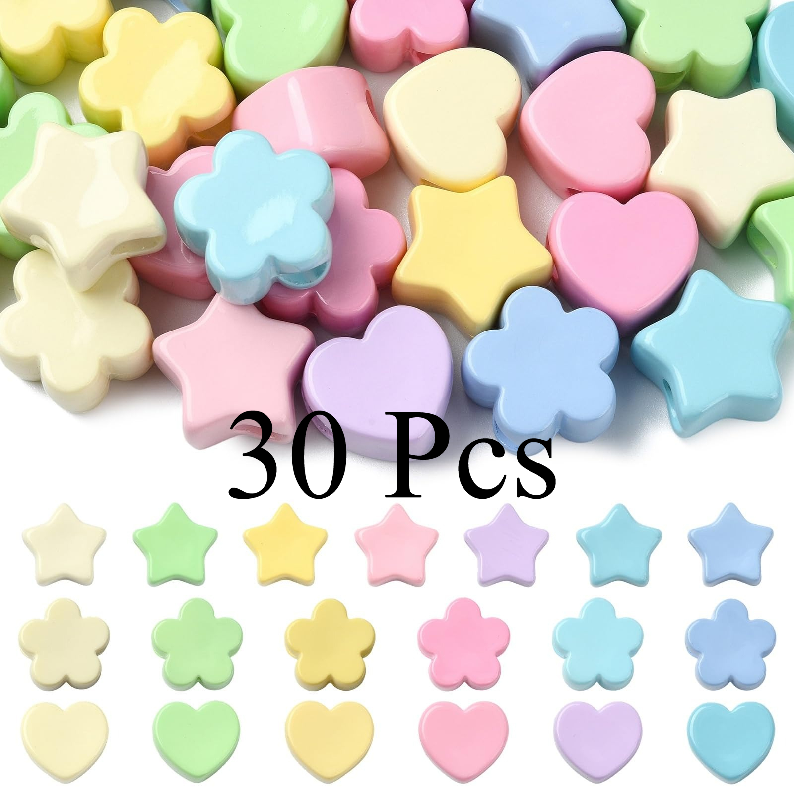 TEMU 30pcs Acrylic , Heart Shape, Large Hole Beads, 21x22.5x14mm, 5.9mm Hole, Mixed Pastel Colors & Shapes, 10pcs Per Style, For Jewelry Making