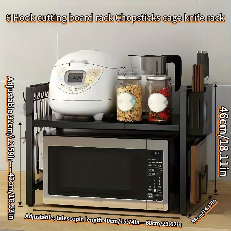 TEMU Heavy-duty Microwave Stand | Rust-resistant Carbon Steel Expandable & Adjustable Height (15.74-23.62 Inches) With Storage Shelves, 6 Hooks, And