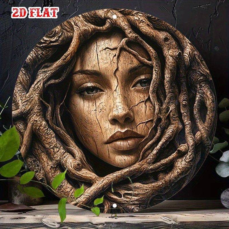 TEMU 2d Flat Carved Wooden Female Facial Contour Round Wall Art - 7.8-inch Rustic Wood Decor, Ideal For Living Room, Terrace, Or , Indoor Use, Wood