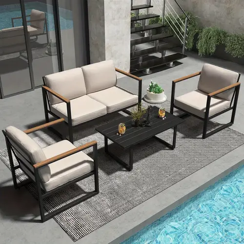 4pcs outdoor patio furniture metal conversation set with coffee table loveseat 2 chairs and thick cushions backyard balcony and courtyard black and beige