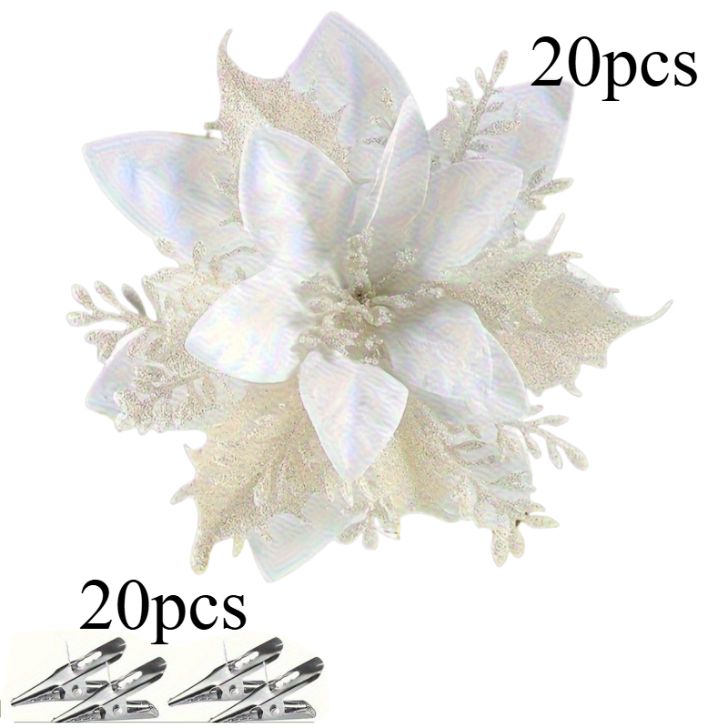TEMU 40 Stück Paillettenblumen mit Clips - Schimmernde weiße (5,5 Zoll) große florale Dekorationen für Weihnachten, Hochzeiten, Neujahr, Partys und