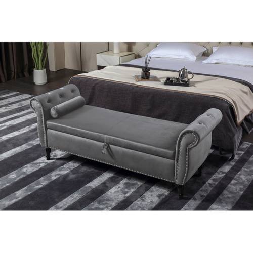 63 large beige velvet pu leather ottoman with storage multifunctional sofa stool button tufted trim solid like wood look legs pillow included easy assembly end of bed footrest furniture