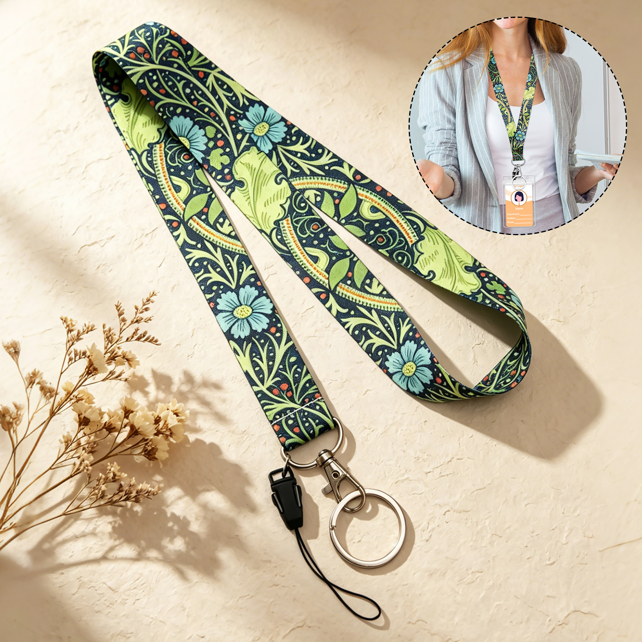 TEMU 2d William Floral Print Teacher Lanyard For Id Badge Holder, Vintage Botanical Neck Strap, Lanyard For Keys, Work Id, Phone, Bus Card, School