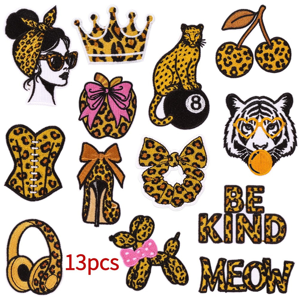 TEMU 13pcs Fashion Leopard Print Embroidery Patches, Individual Animal Tiger Bowknot Letter Iron-on Cloth Stickers, Suitable For Jacket, Clothing,