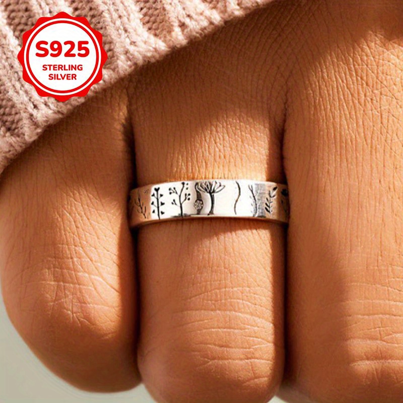 S925 Pure Silver Carved Flower & Tree Pattern Ring