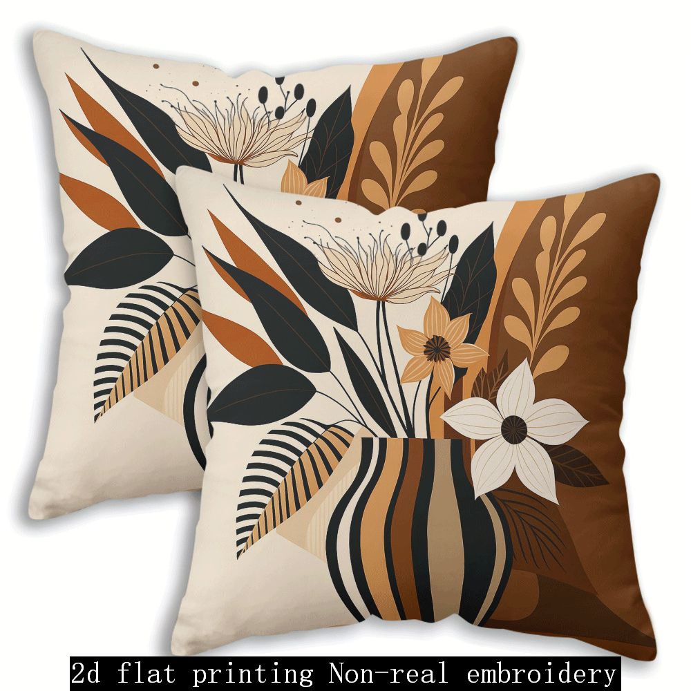 TEMU 2d Flat - Set Of 2, Abstract Floral And Striped Vase Pattern Pillow Covers, In Multiple Sizes, 2d Single-sided Print, With Zipper, Machine