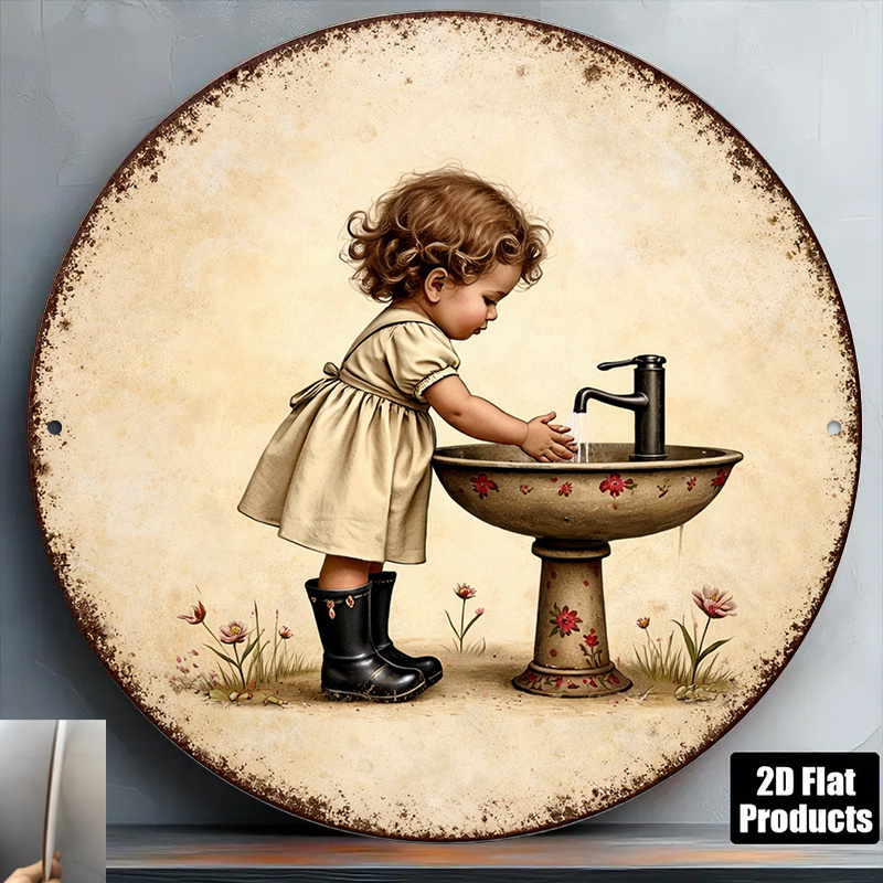 TEMU 2d Flat, 2d Flat Vintage Little Girl Washing Hands Wooden Wall Decor - Hygienic Wooden Decorative Plaque With Vintage Handwashing Pattern,