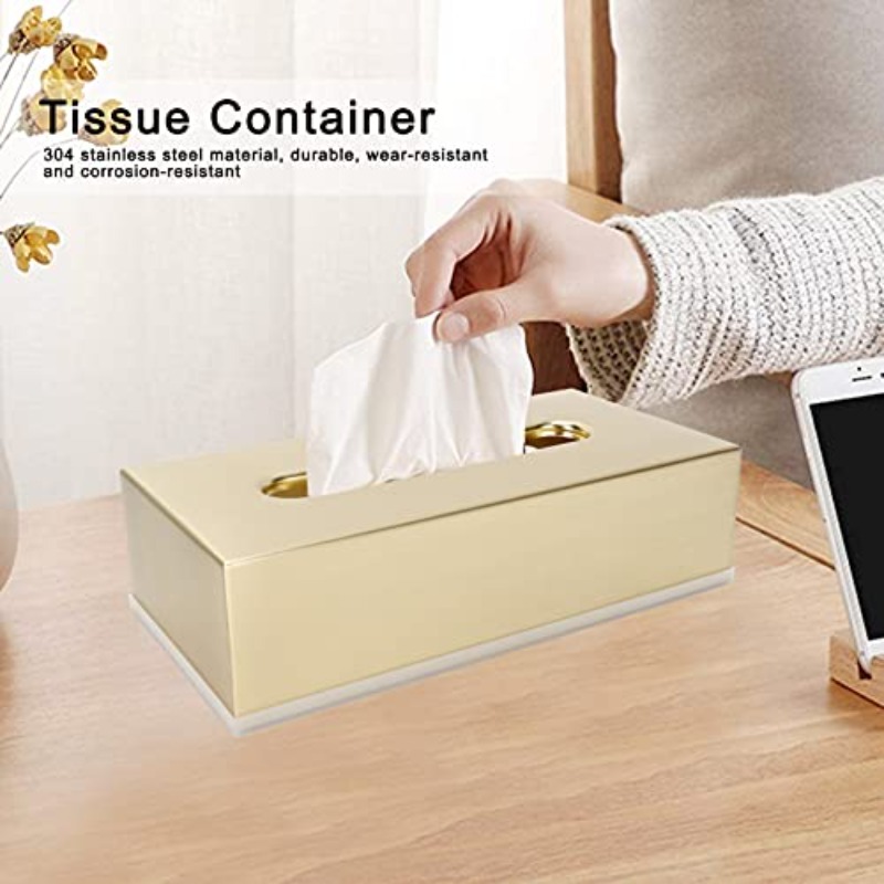 golden stainless steel tissue box - decorative metal tissue holder & dispenser with modern rectangular design, rounded corners &  , durable elegant napkin dispenser for bathroom, bedroom, living room - ideal gift for home decor (compatible with standard tissues), white tissue boxes for bathroom, bathroom tissues box decoration, desktop tissue box, towel tissue holder bathroom Product details 1