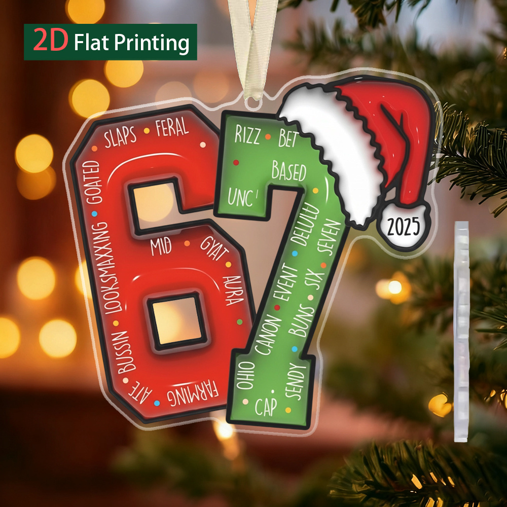 TEMU 2d Flat, 1pc Number 67 Santa Hat Acrylic Hanging Ornament - Christmas Tree Numbered 6 & 7 Pendant, Non-electric Decoration For , New Year Party