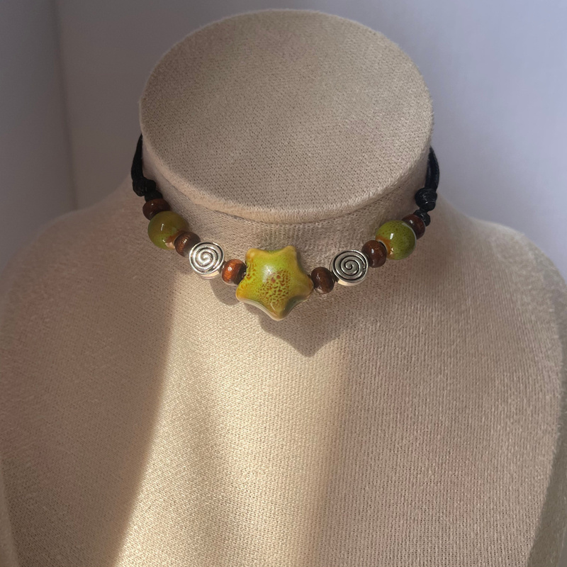 TEMU 1pc, Retro Multicolor Pendant Necklace, Ethnic Style Bohemian Adjustable Necklace, Ceramic Bead Necklace, Handmade Star Necklace, Suitable For