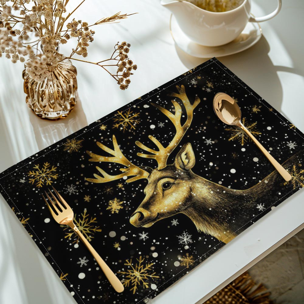 

4-pack Christmas Black Placemats, Polyester Table Mats, Rectangular Washable Kitchen Dining Decor, Machine Washable, Suige