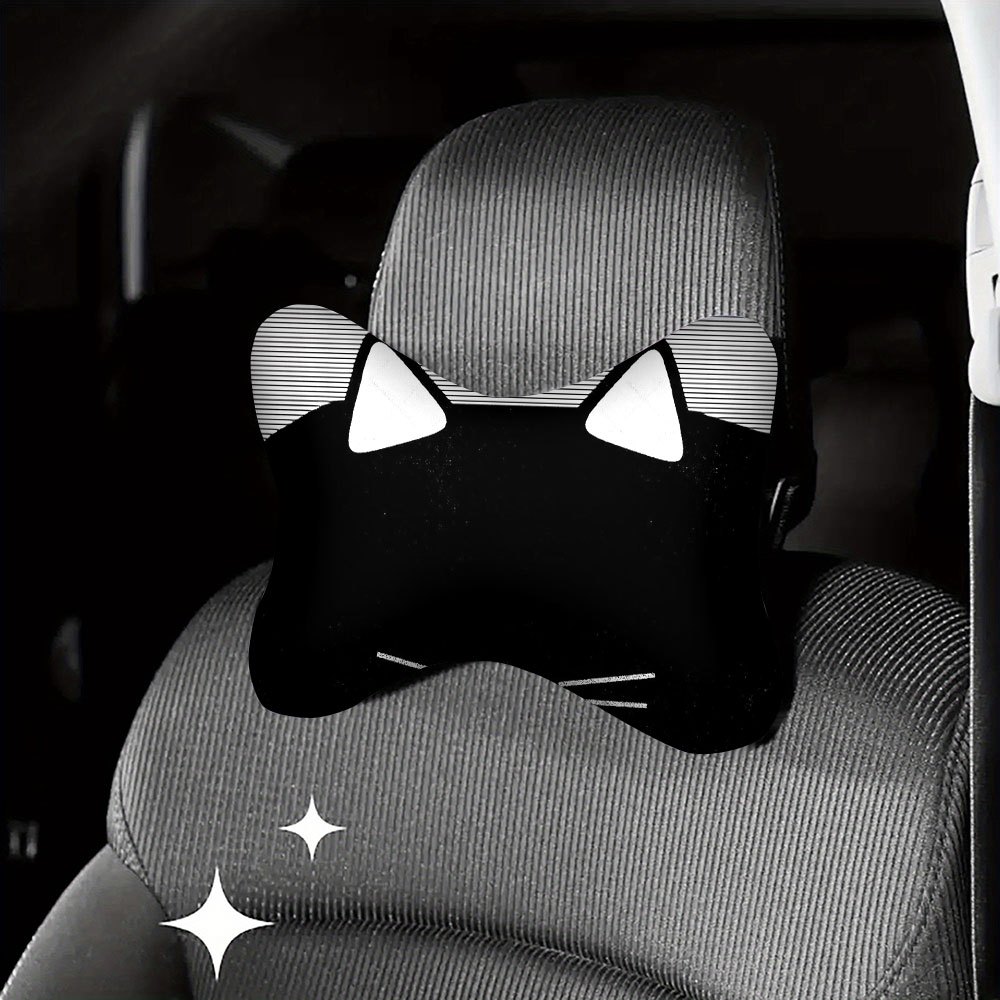 TEMU 1pc Simple Black Cat Print Car Headrest, Neck Pillow, And Lumbar Support Cushion, Soft And Fluffy, Suitable For Long-distance Travel And Daily