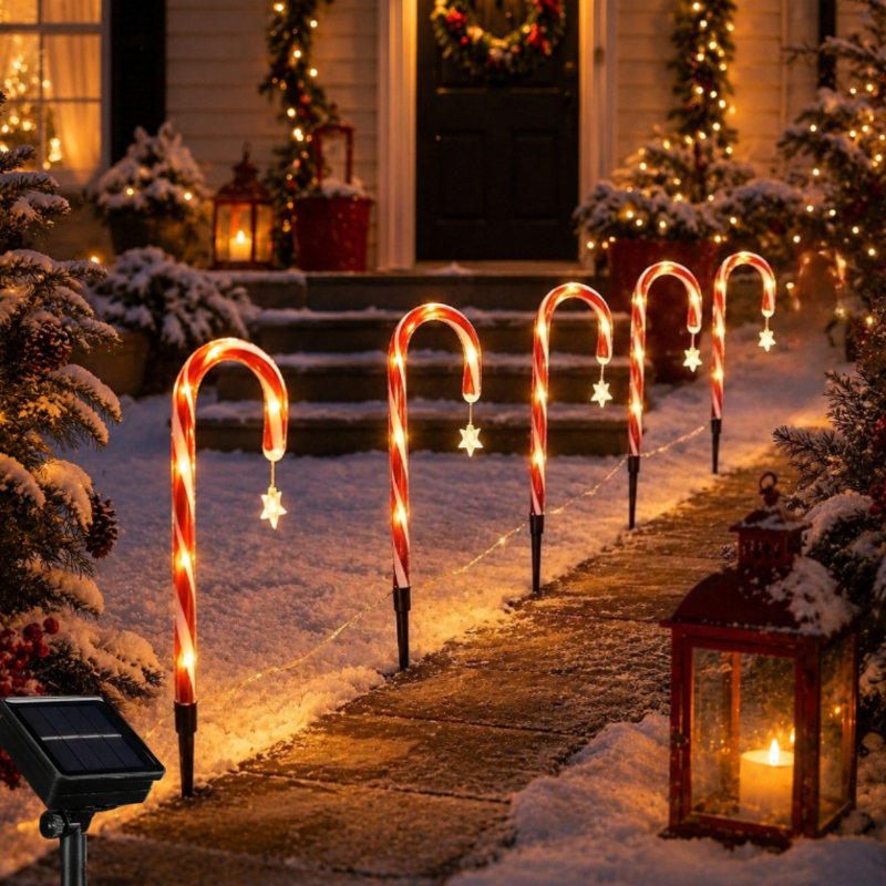 TEMU 1 lot - 1 de 5 lampes de sol piquetées de d'orge de Noël, guirlande lumineuse de chemin extérieur de d'orge de Noël, 5 petites guirlandes