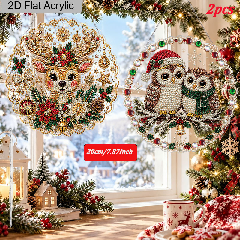 TEMU 2d Flat 2pcs Christmas Reindeer And Owl Pearl Diamond Painting Hanging Ornaments, 3d Mixed-sized Pearl Beads Craft Acrylic Hanging Kits,