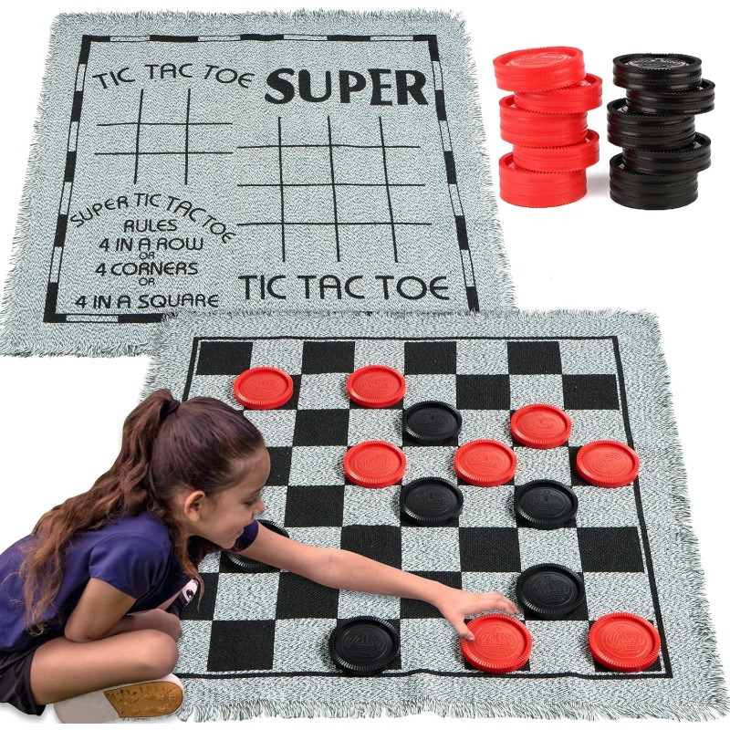 TEMU Enorme et de morpion 3-en-1 vintage, tapis réversible surdimensionné avec 24 grandes pièces pour jeux de société , activités de sur la pelouse,