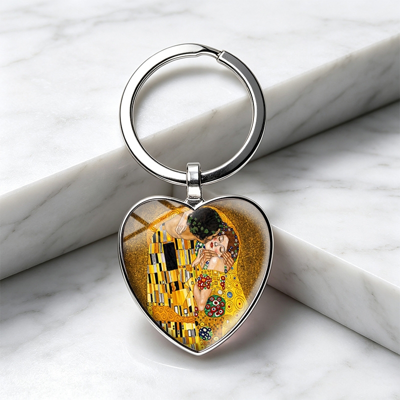TEMU 1pc Vintage Art Painting Heart Glass Cabochon Keyring Handmade Unisex Keychain Gift For