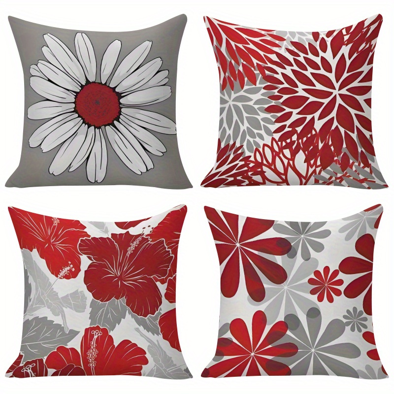 TEMU Juego de 4 fundas de almohada florales , grises y blancas, fundas de cojín con estampado de margaritas y flores abstractas, impresión digital
