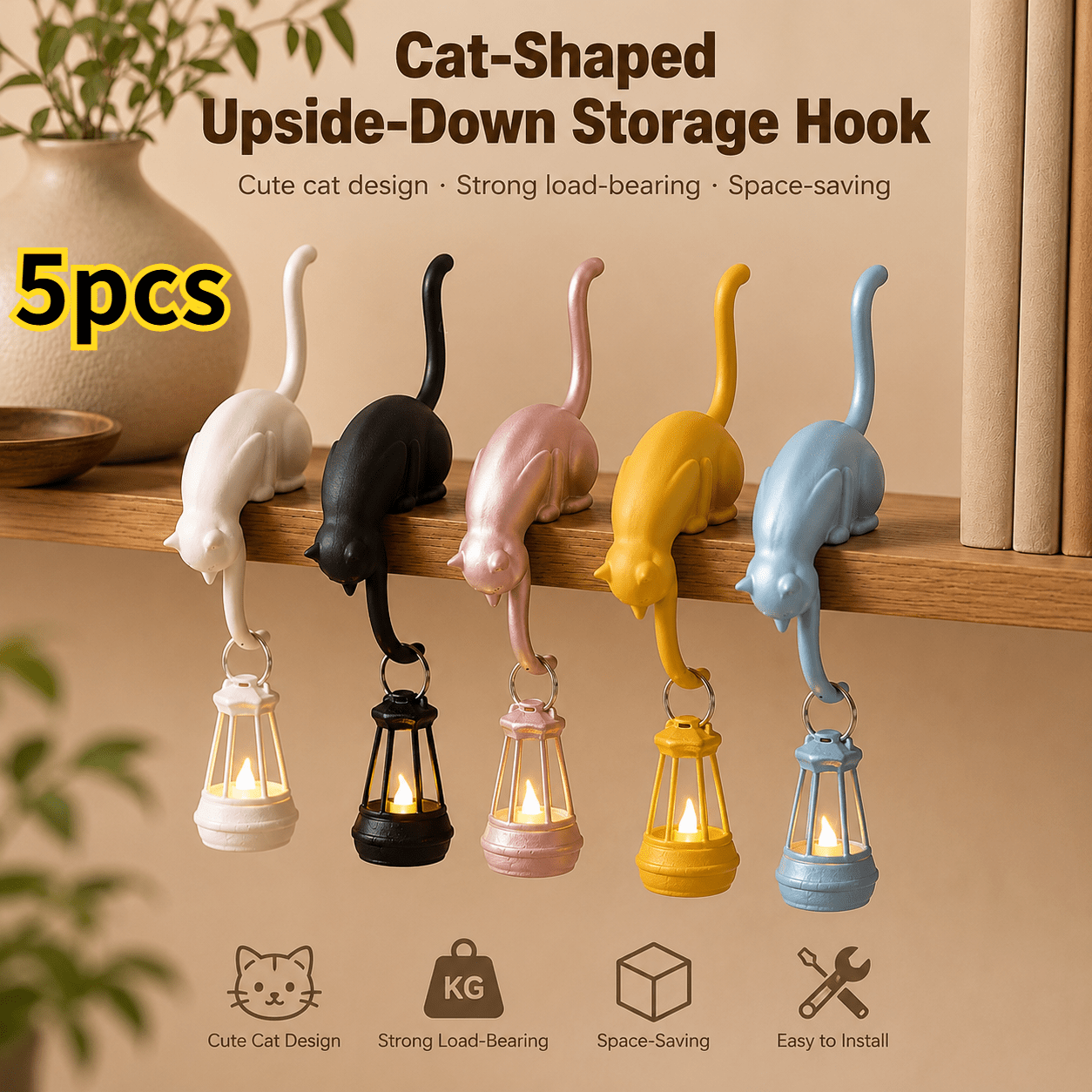 Image of 5pcs Cat Tail Wall Hooks - Wood Key Holder With Black Cat Tail Decor, Multi-hook Hanging Rack Suitable For Entryway, Living Room, - Space- For Home, For Keys,, Towels (adult Household)