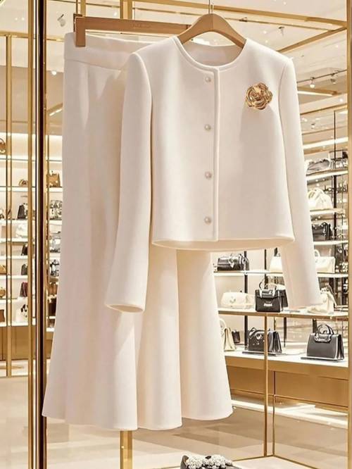 womens elegant two piece set pearl button short coat and a line half skirt three dimensional golden rose decoration suitable for dinners and high end parties a luxurious and exquisite look