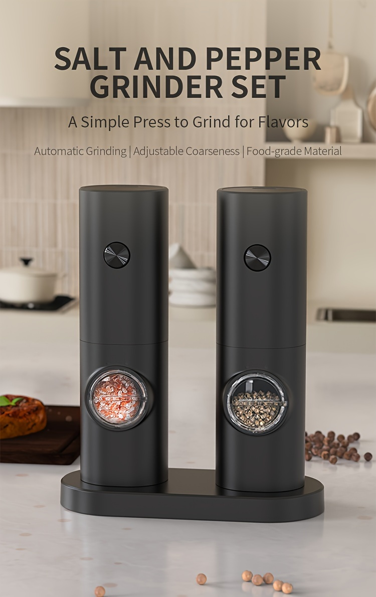 2pcs automatic electric salt and pepper grinder set adjustable coarseness led light battery powered aaa one hand operation ceramic grinder refillable details 0