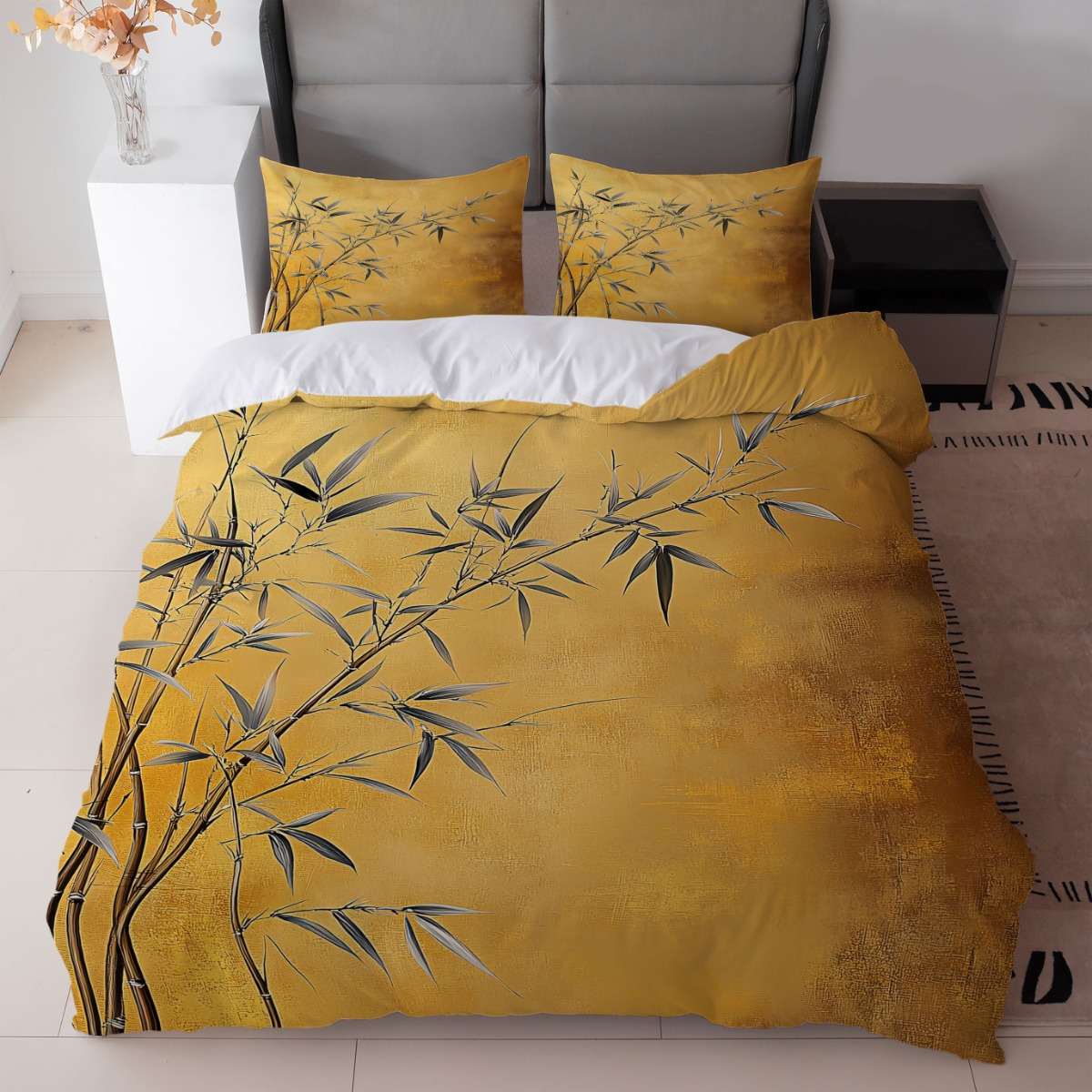 TEMU 3pcs Bamboo Pattern Mustard Yellow Duvet Cover Set 1duvet Cover + 2pillowcase Without Core For Bedroom Decor