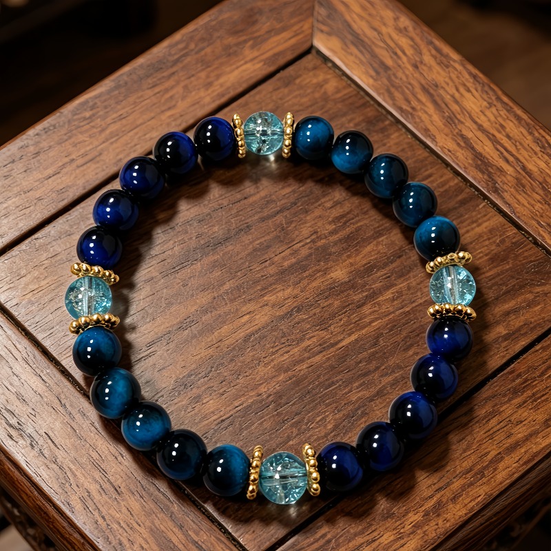 TEMU 1pc Tiger Eye / Light Blue Exploding Flower Bead Bracelet, Elegant Deep Sea Retro Color Palette, Beads Are Warm And Translucent With , Elastic