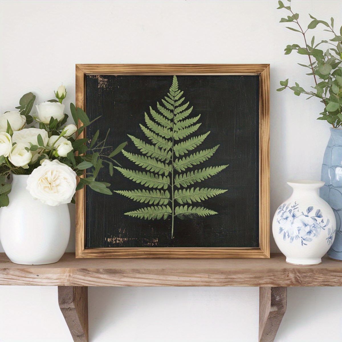 TEMU 1pc, Plaque en bois encadrée avec feuille de fougère verte, décoration murale vintage en bois pour chambre à coucher, salon, cuisine, cadeaux de