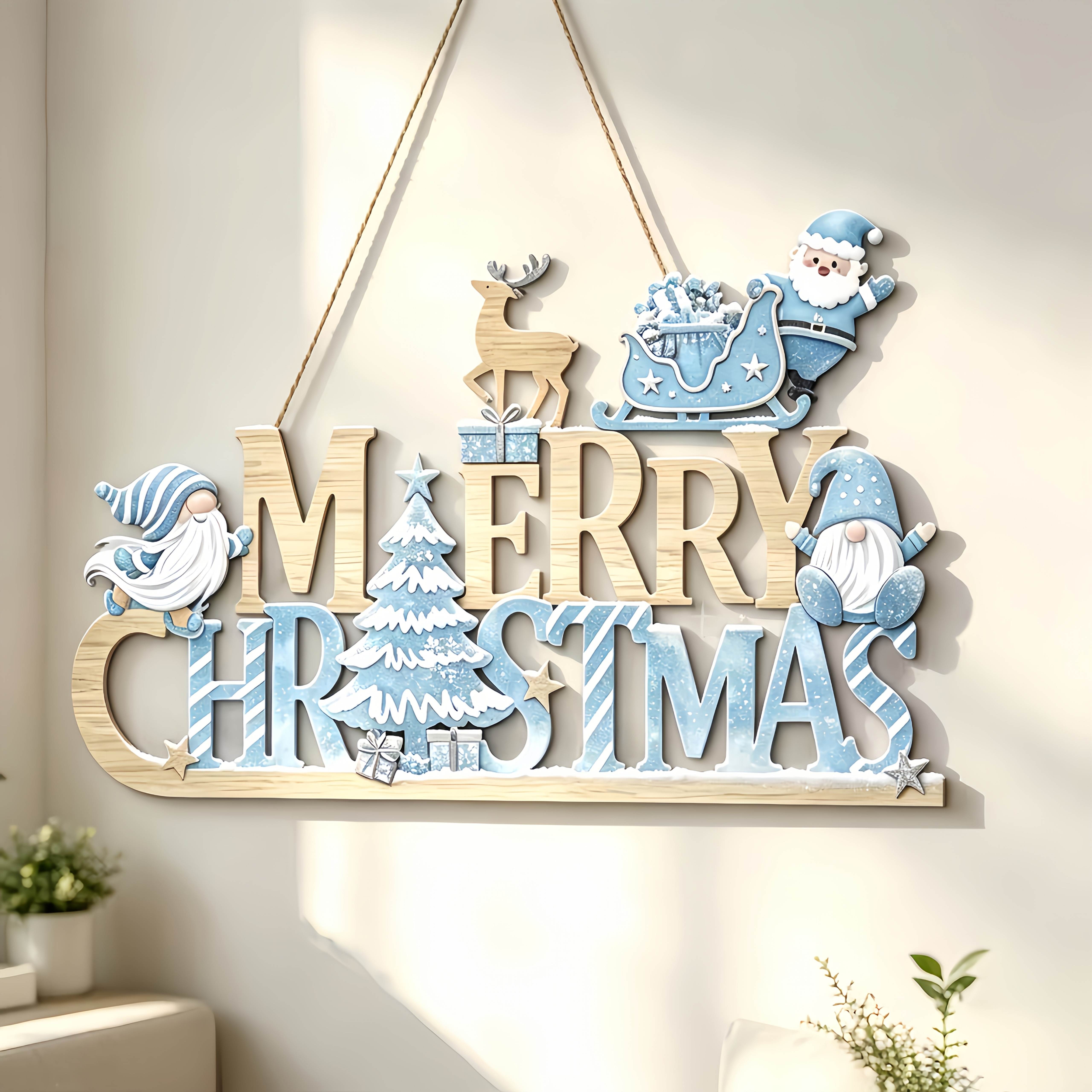 TEMU Plaque à suspendre plate 2D en bois avec "JOYEUX NOËL", Panneau décoratif en bois à suspendre pour porte d'entrée avec motif de , , Père Noël,