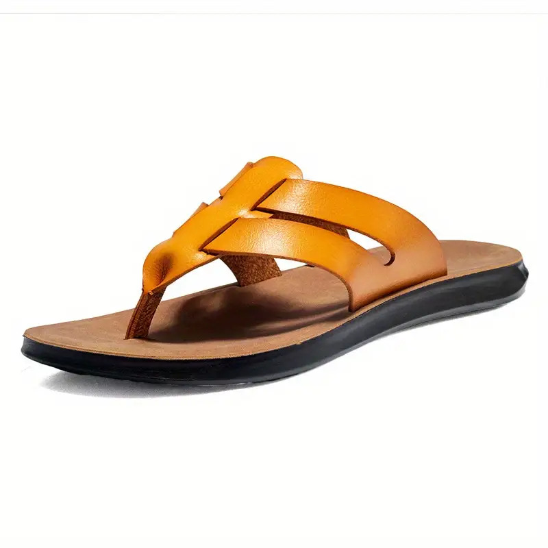   mens retro flip flops anti slip cushioned arch support pu upper pvc sole brown beach sandals with unique strap design breathable eva insole cushioned   for gym pool travel business   slip on footwear versatile casual semi formal shoes travel sandals pool footwear stylish   durable construction antislip sole  able slippers   Product details 5