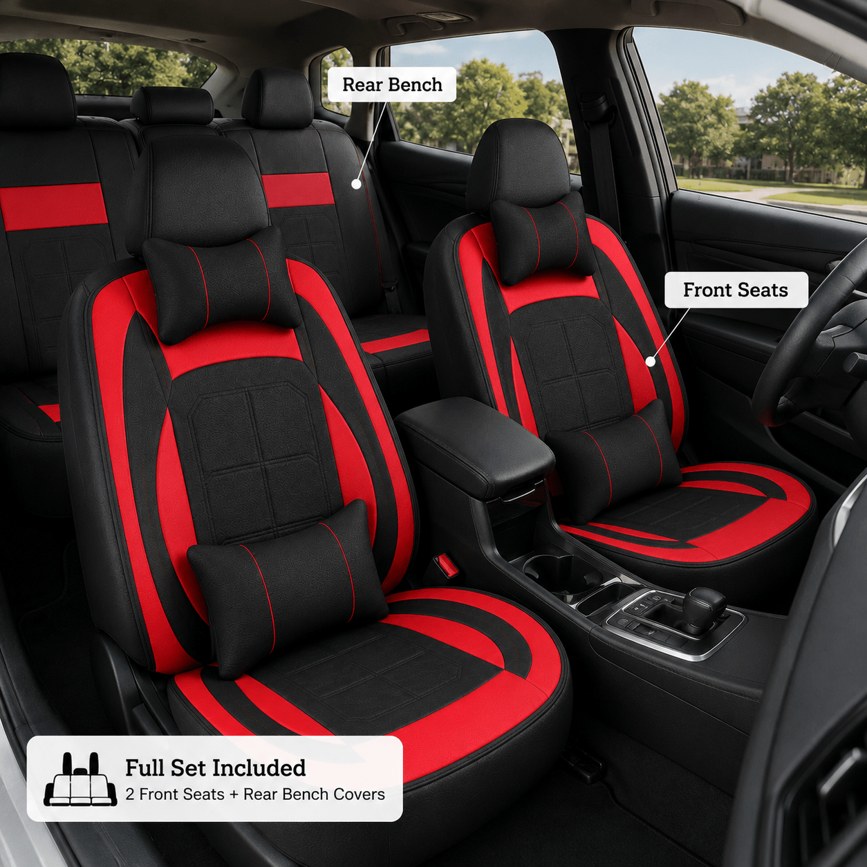 Image of Black Red Faux Leather Full Set 5-seat Car Seat Covers, Integrated Front And Rear Seat Cushions, Auto Interior Decor, Universal For Sedan Cars, Ideal For And Holiday Road Trips