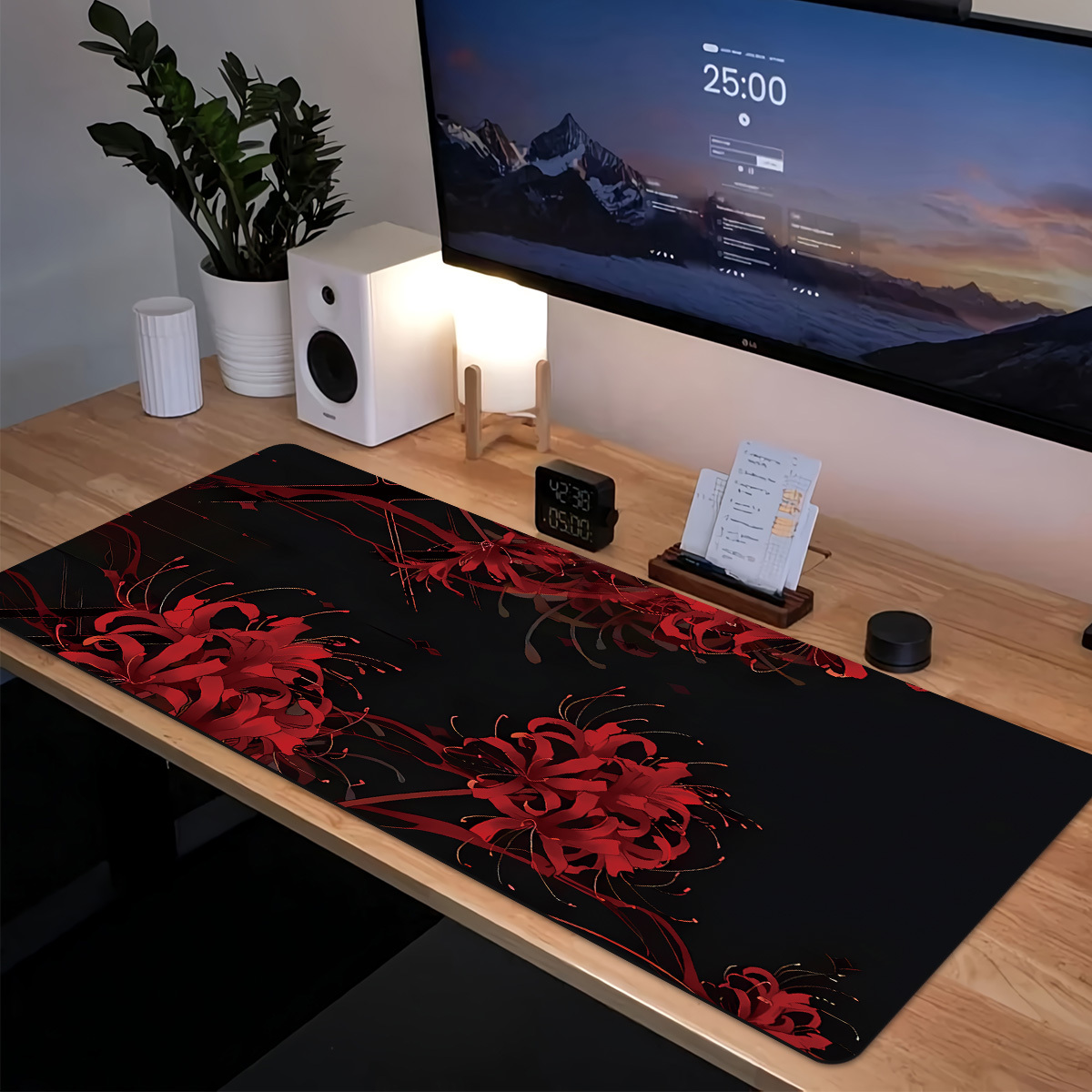 TEMU Tapis de souris de jeu étendu 1 pièce et tapis de clavier pour bureau PC - Lys araignée rouge, motif - Tapis de pour ordinateur portable, tapis