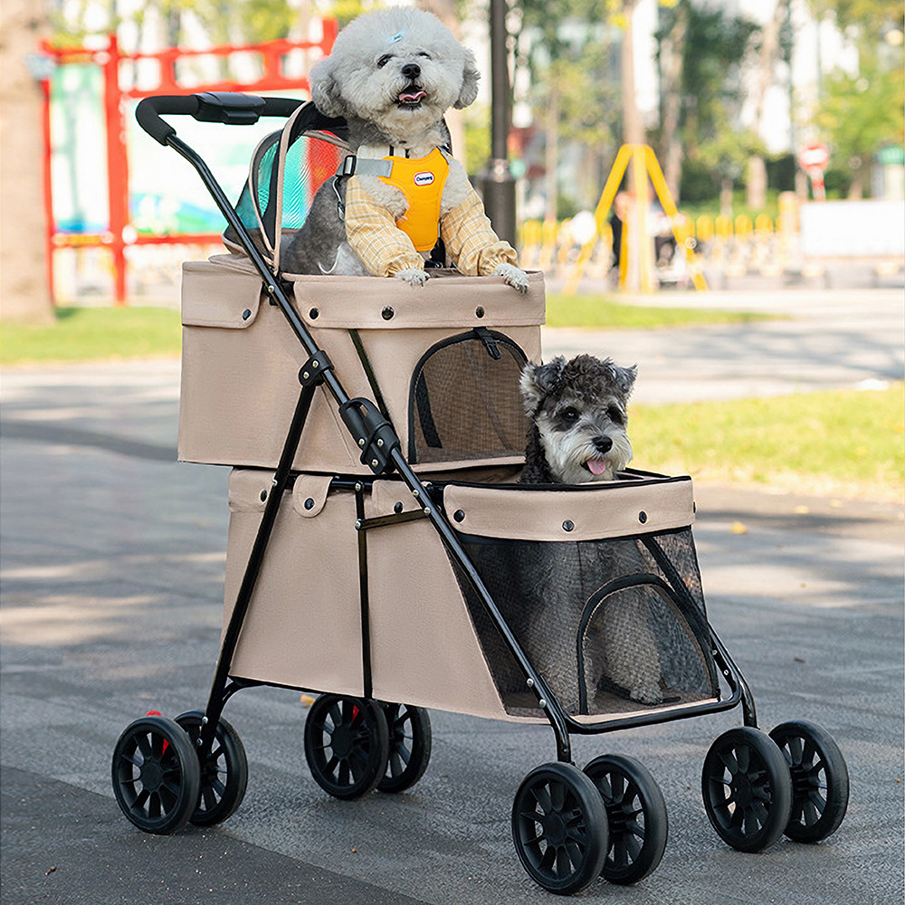 Coffee-colored Double-decker Pet Stroller, Breathable Oxford Fabric, Suitable For Terrains, 67*50*95cm.