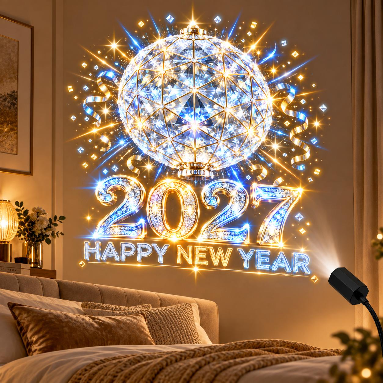 TEMU 1pc Usb Projection Light, 2027 Happy New Year Disco Ball Projector With Crystal Sphere, Golden Sparkles, Blue Silvery Glow And Stars, New Year
