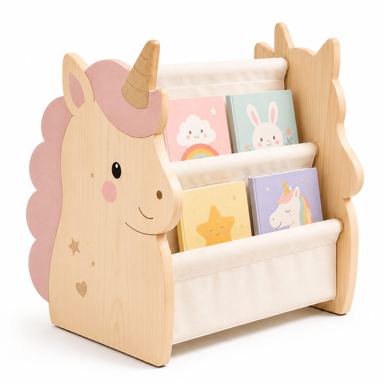 TEMU Cesto a mensola in legno, a forma di unicorno, Organizzatore di libri a cinghia a 4 livelli bifacciale con 4 tasche in tessuto, Scaffale porta