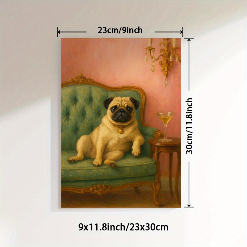 TEMU 2d Flat, 1pc Unframed Pug On Sofa Canvas Art Print - Room Wall Decor, Cozy Cartoon Dog Relaxing Scene, Frameless Poster For Home Office Bedroom,
