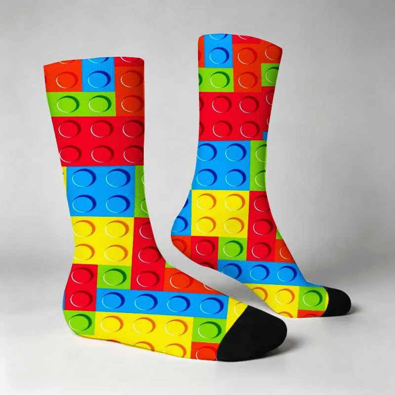 TEMU Unisex Building Blocks Print Crew Socks - Full-body Plastic Brick Design With Studs, Soft Stretchy Casual Socks Suitable For Kids And Adults,