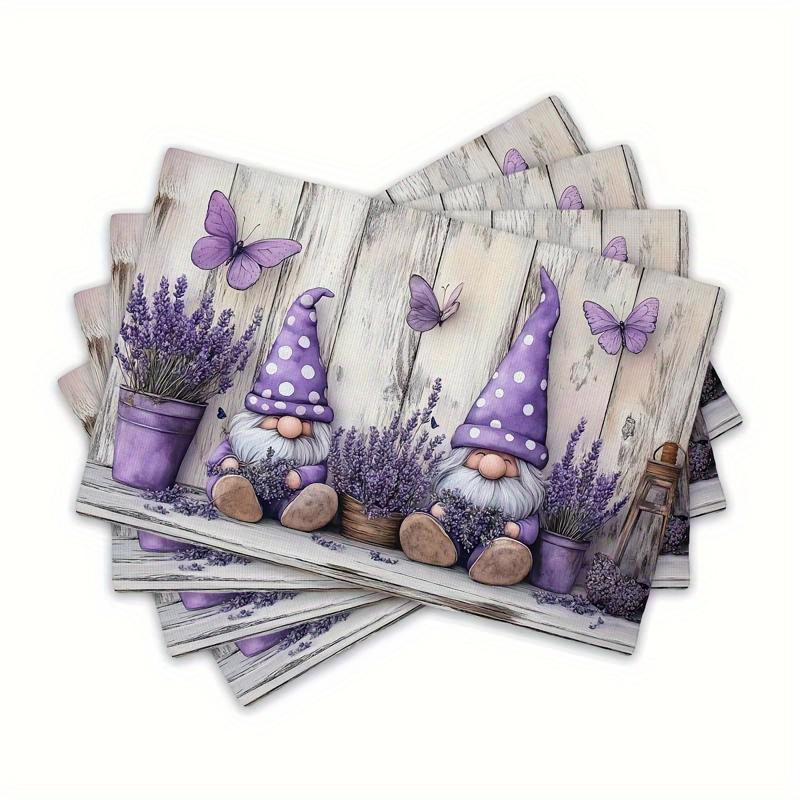 4pcs Purple Gnome With Lavender And Butterflies 12x18-inch Single-sided Printing Fabric Table Mat Set For Dining And Home Use, Suitable For Table Decoration And Party Decoration