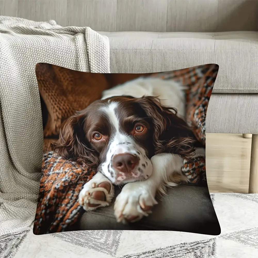 TEMU A Vintage-style Pillowcase Featuring A Brown And White Spaniel Print, Made Of Soft And Smooth Polyester Short Plush Fabric, Single-sided Print,