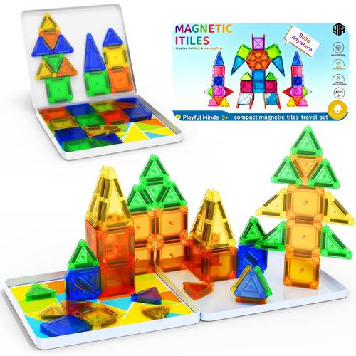 mini magnetic tiles portable magnetic toy travel set with tin box building block toy set for birthday gift toy for boys and girls ages 3 christmas childrens day gift random color