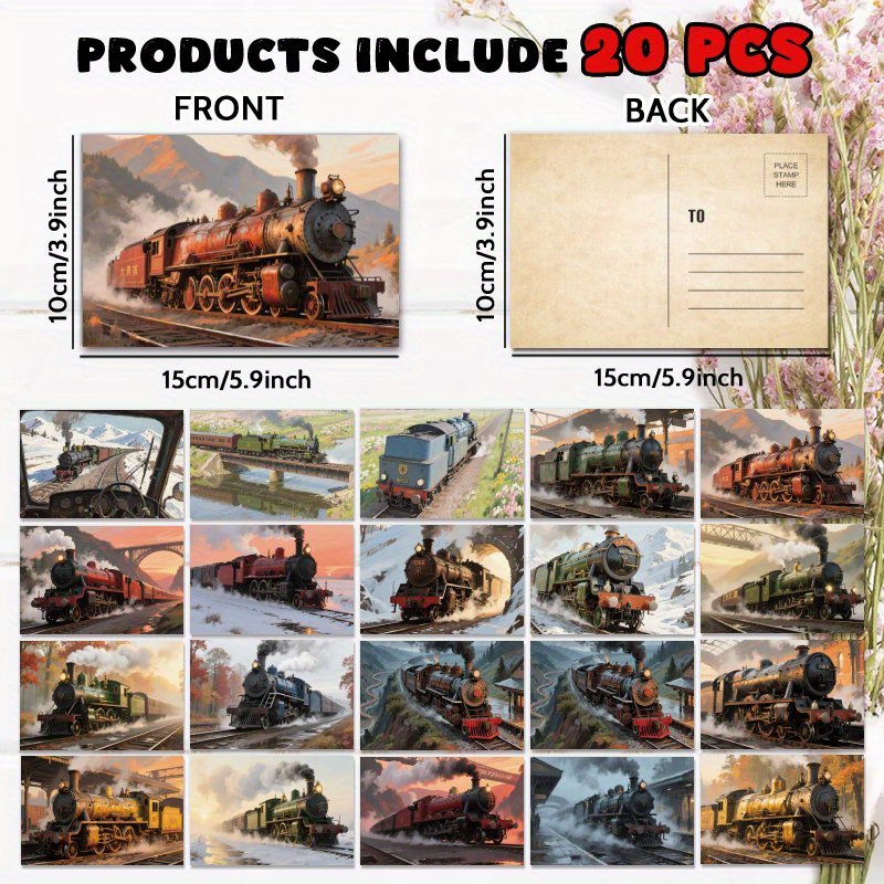 TEMU Set Of 20 Vintage Steam Train Postcards For , A Gift For To Congratulations Or Gratitude