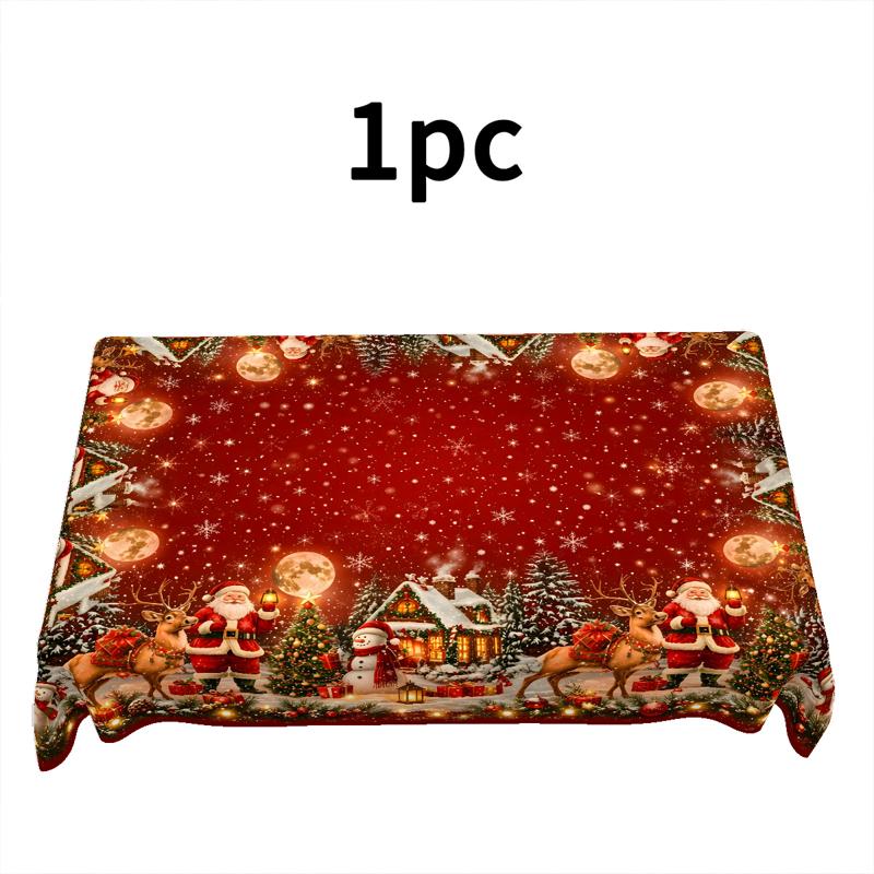 TEMU Festive Christmas Themed Polyester Tablecloth, With Santa Claus, Reindeer, Snowman, Christmas Tree And Snowy House Patterns, Cozy Holiday Decor